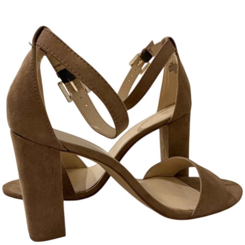 Nine West Pruce Tan Suede Block Heel Ankle Strap Sandals Size 9.5 M EUC